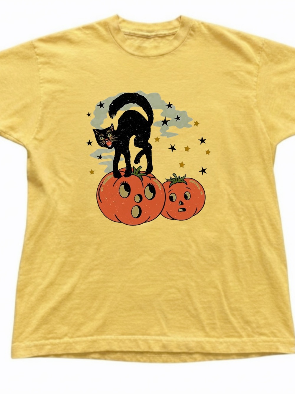 Black Cat Pumpkin Patch Graphic Mustard Yellow Gildan T-Shirt Tee